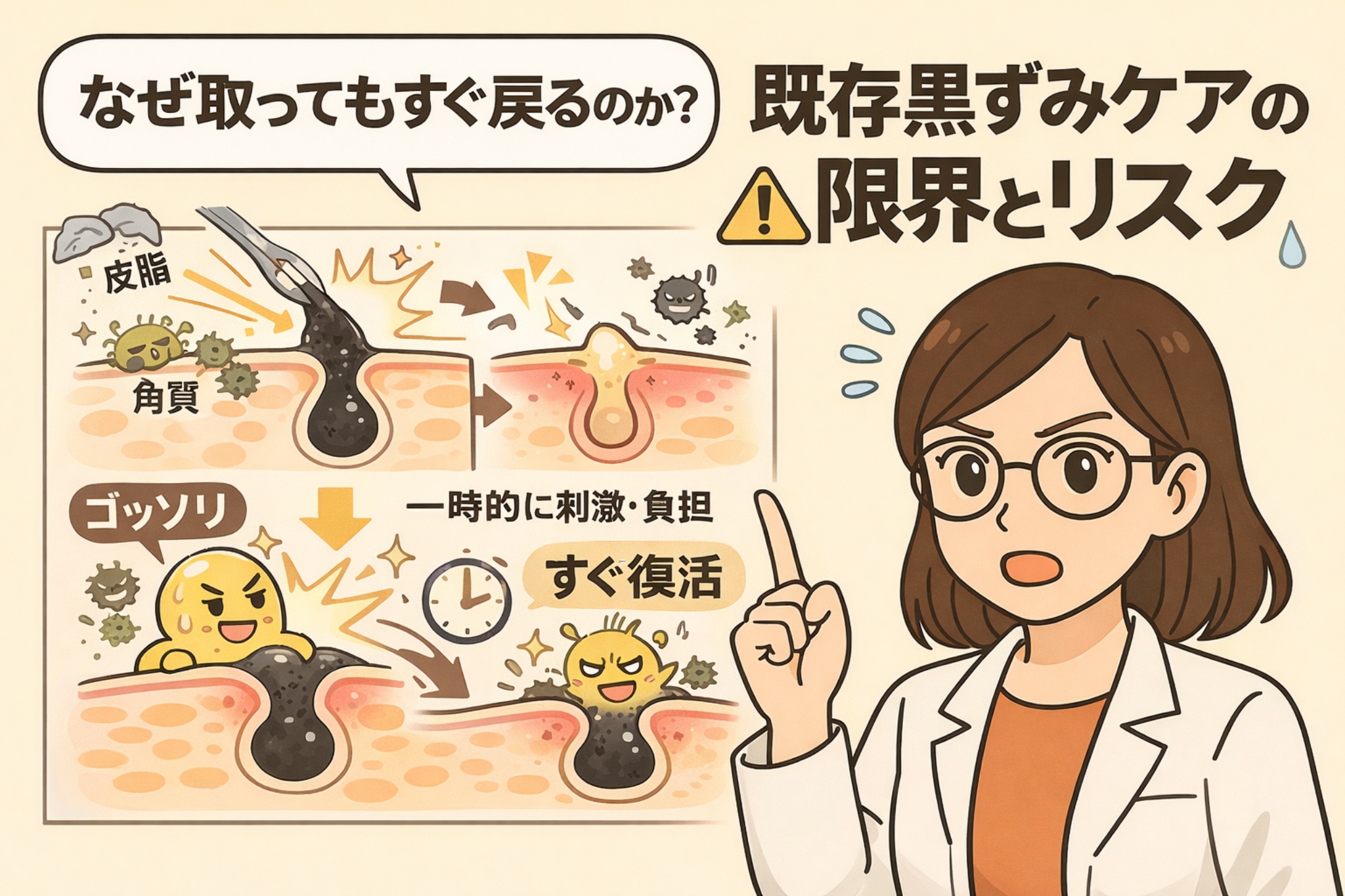 既存の黒ずみケアがなぜ取ってもすぐ戻るのかを解説する図解イラスト。角栓を無理に除去すると一時的にきれいになるが、皮脂と角質が再び詰まり黒ずみが復活する構造を、白衣の女性が指差し解説している。