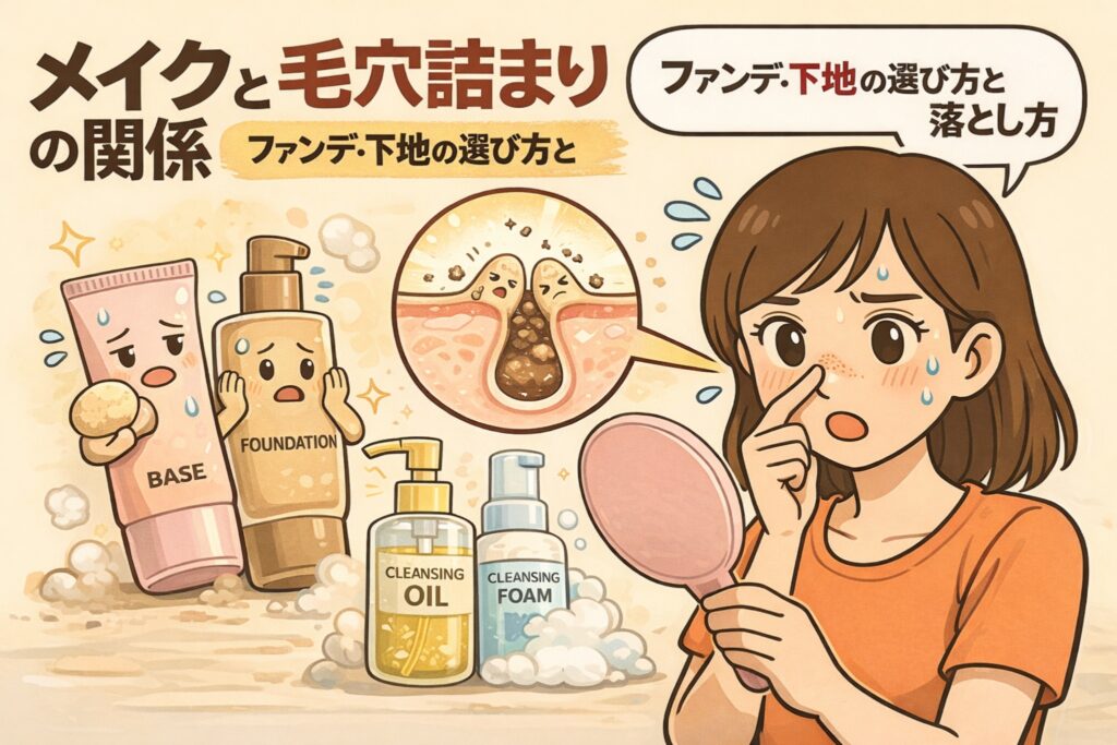 メイクと毛穴詰まりの関係を解説するイラスト。下地やファンデーションの選び方と落とし方が毛穴に与える影響を、悩む女性と毛穴断面図、クレンジングアイテムの図解で示し、メイクによる毛穴詰まりが起こる仕組みをわかりやすく表現している。