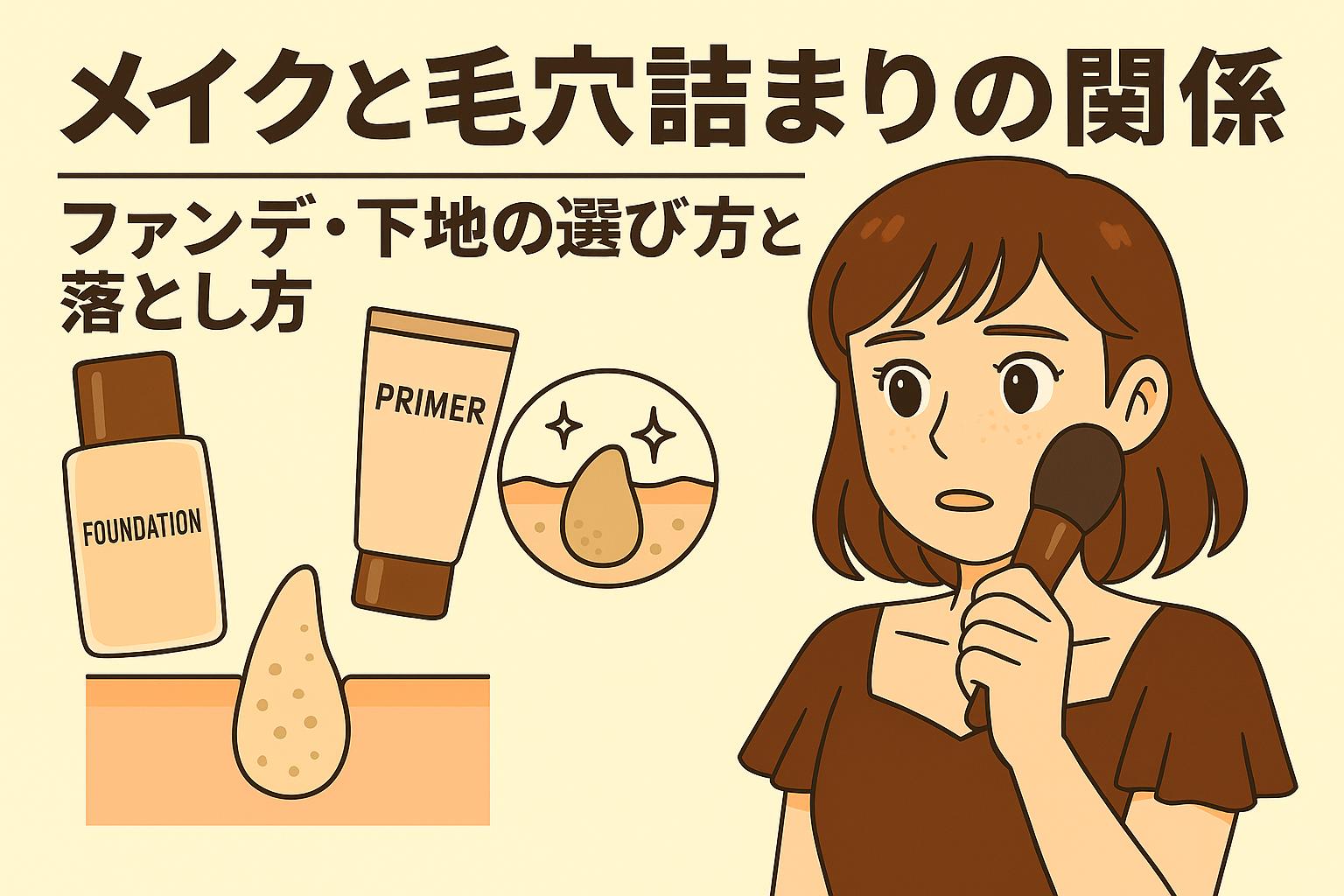 メイクと毛穴詰まりの関係を説明する日本語イラスト。ファンデーションと下地、毛穴詰まりの図、ブラシでメイクする女性が描かれている。