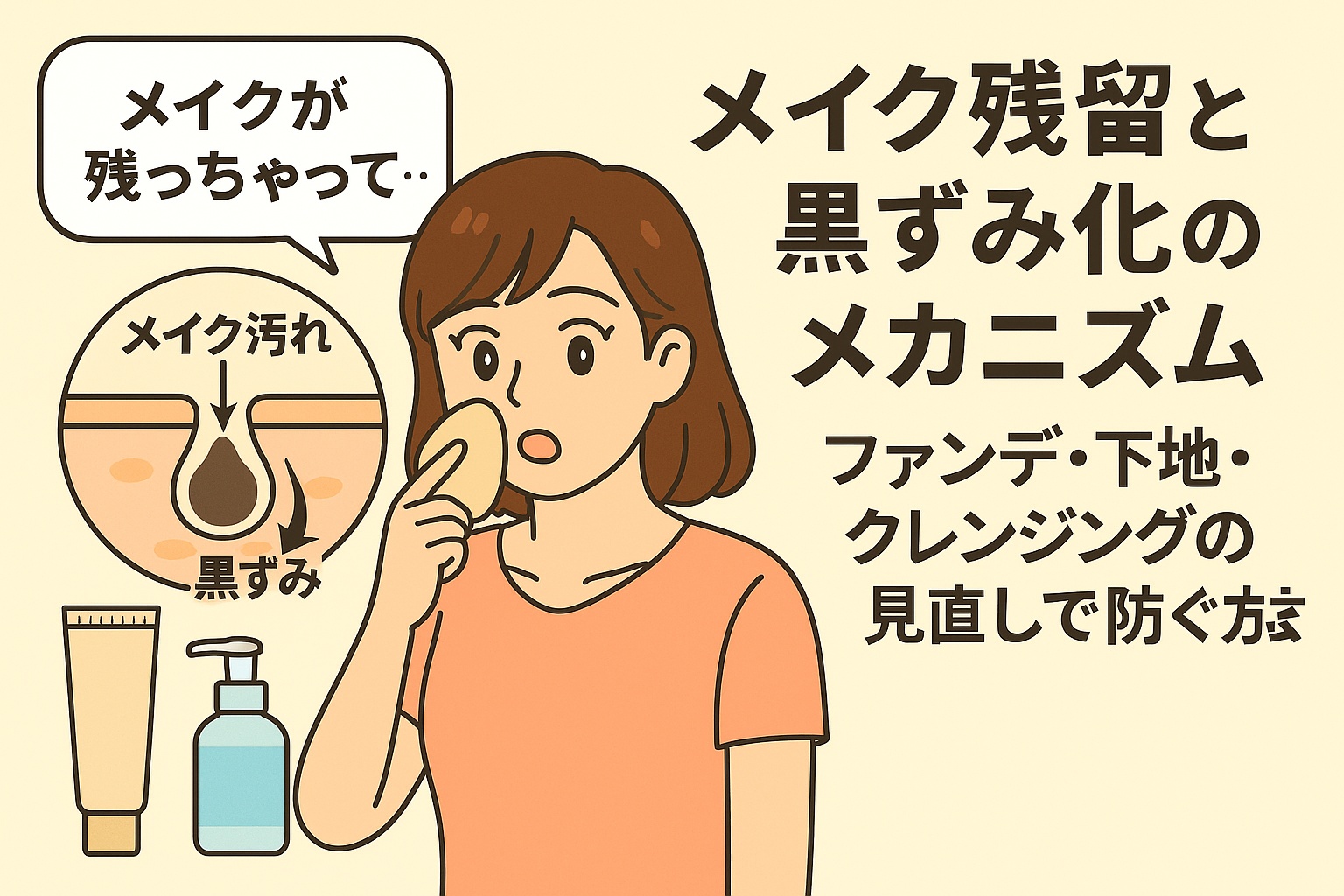 メイク残留と黒ずみ化のメカニズムをテーマに、スポンジで頬を押さえる女性と、毛穴に詰まったメイク汚れが黒ずみになる断面図、ファンデーションとクレンジングボトルを描いたフラットイラスト。テキストには「メイク残留と黒ずみ化のメカニズム ファンデ・下地・クレンジングの見直しで防ぐ方法」と表示。