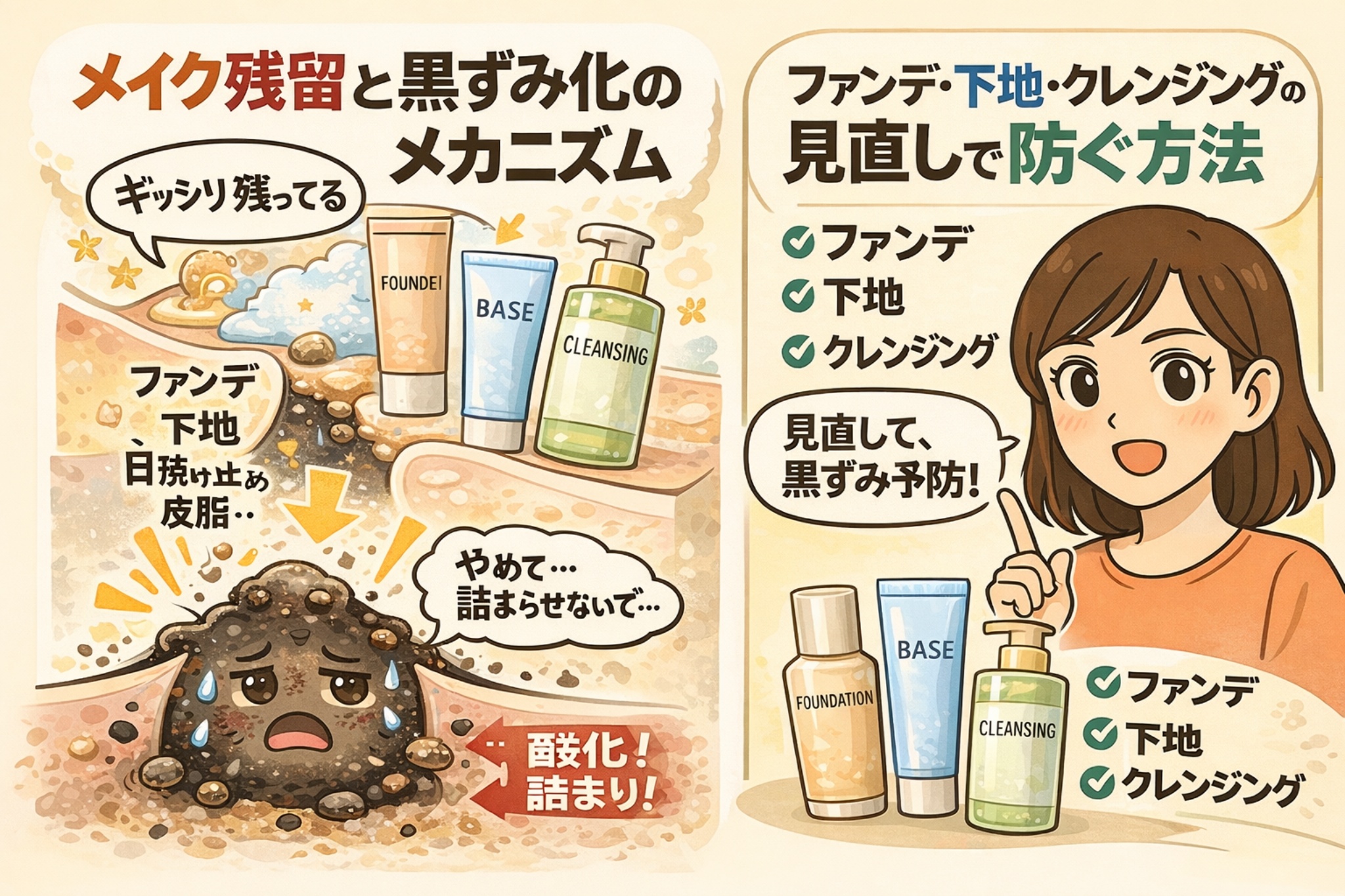 ファンデーションや下地、クレンジングの洗い残しによってメイク残留が起こり、皮脂と混ざって酸化・詰まりを引き起こし黒ずみになる仕組みを解説したイラスト。メイク残留による黒ずみ化のメカニズムと、アイテムの見直しで防ぐ方法を人物と図解で示している。