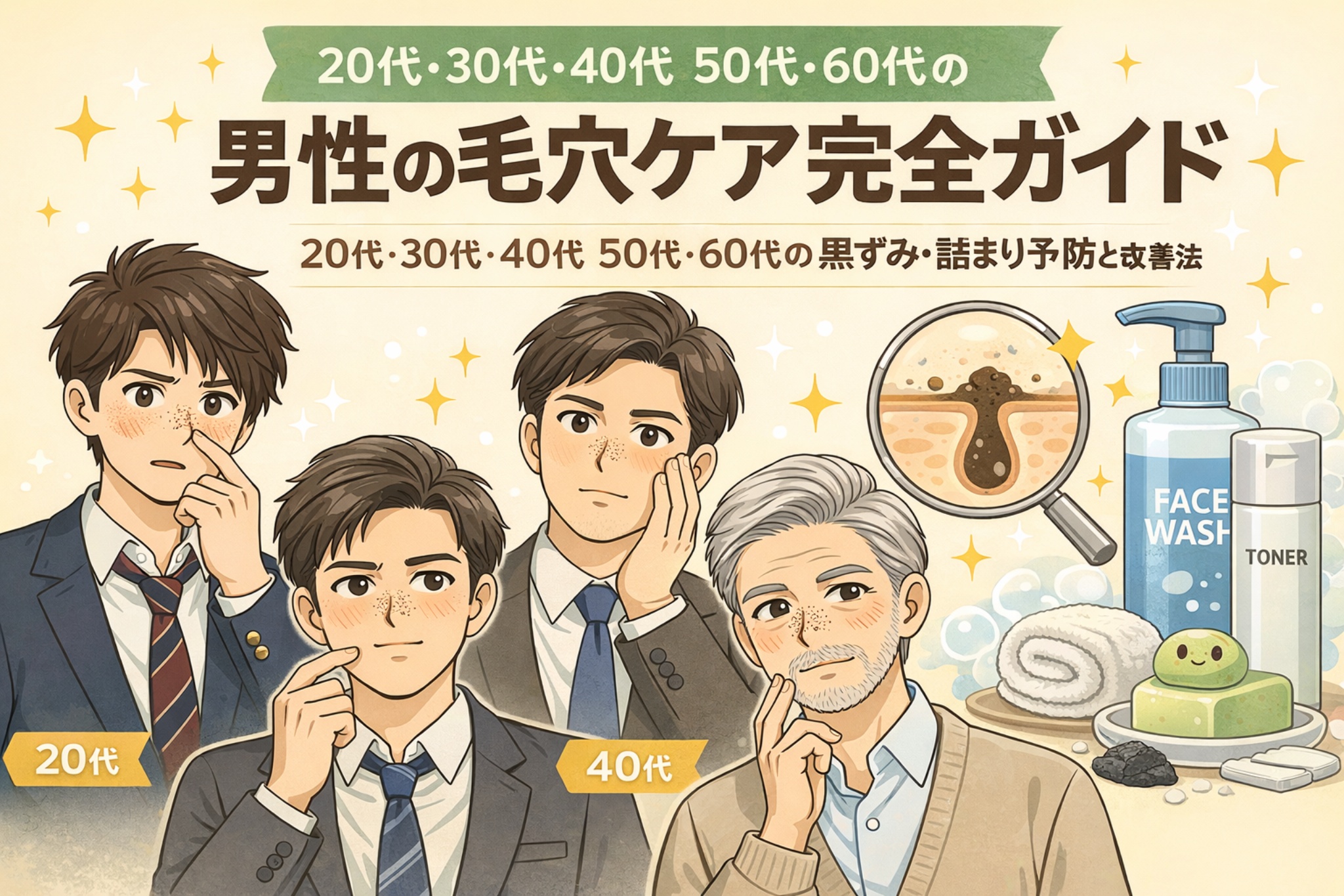 20代・30代・40代・50代・60代の男性それぞれの毛穴悩みに対応した毛穴ケア完全ガイドのイラスト。年代別の黒ずみ・詰まりの違いを示しながら、正しい洗顔やスキンケア方法をアイテムと毛穴断面図で分かりやすく解説している。
