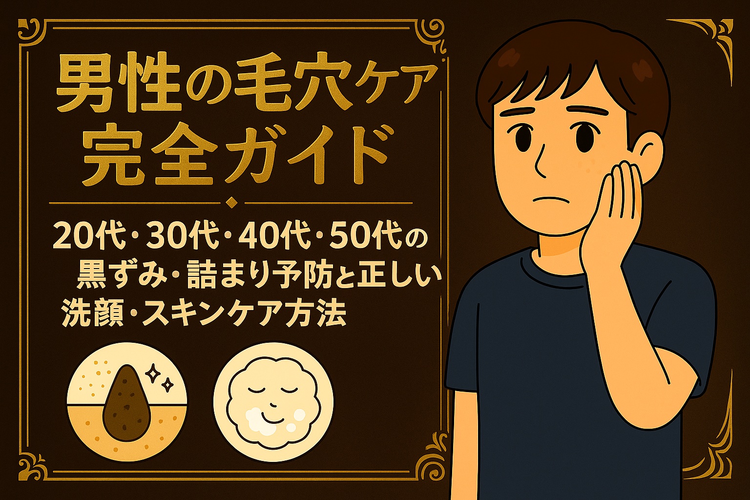 「男性の毛穴ケア完全ガイド」というタイトルの日本語イラスト。背景は濃い茶色で金色の装飾枠。左側に「20代・30代・40代・50代・60代の黒ずみ・詰まり予防と正しい洗顔・スキンケア方法」と説明文、毛穴と泡洗顔のアイコン。右側には短髪でネイビーのTシャツを着た男性が、頬に手を当てて考えるような表情をしている。
