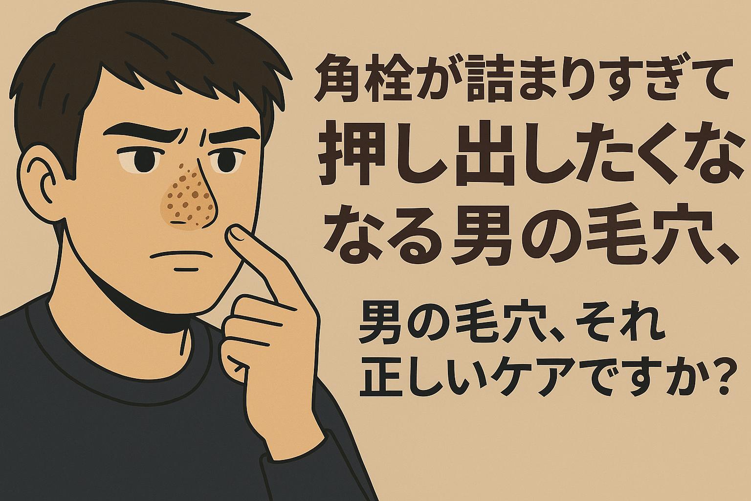 角栓が詰まりすぎた鼻に悩む男性が指を鼻に当て、ケアの方法を見直すよう訴える構成。背景はやさしいベージュで、コピーが視認性高く配置されている。