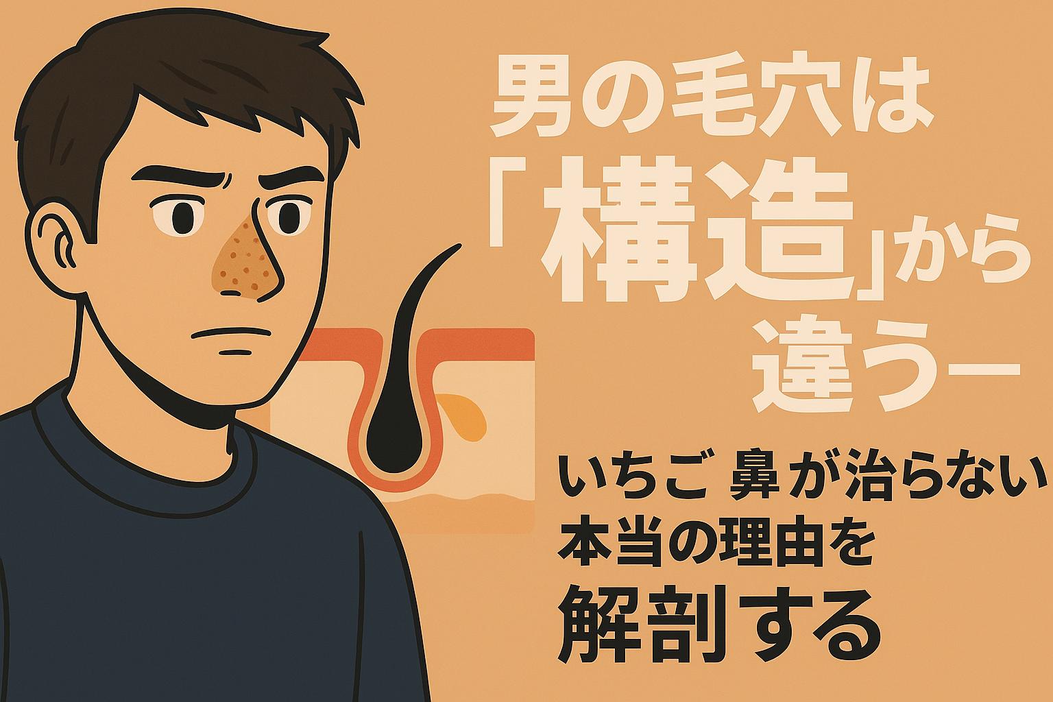 いちご鼻に悩む男性の隣に、皮膚断面の構造図が配置された構成。「男の毛穴は構造から違う」という視点で根本原因に迫るメッセージを訴えるビジュアル。