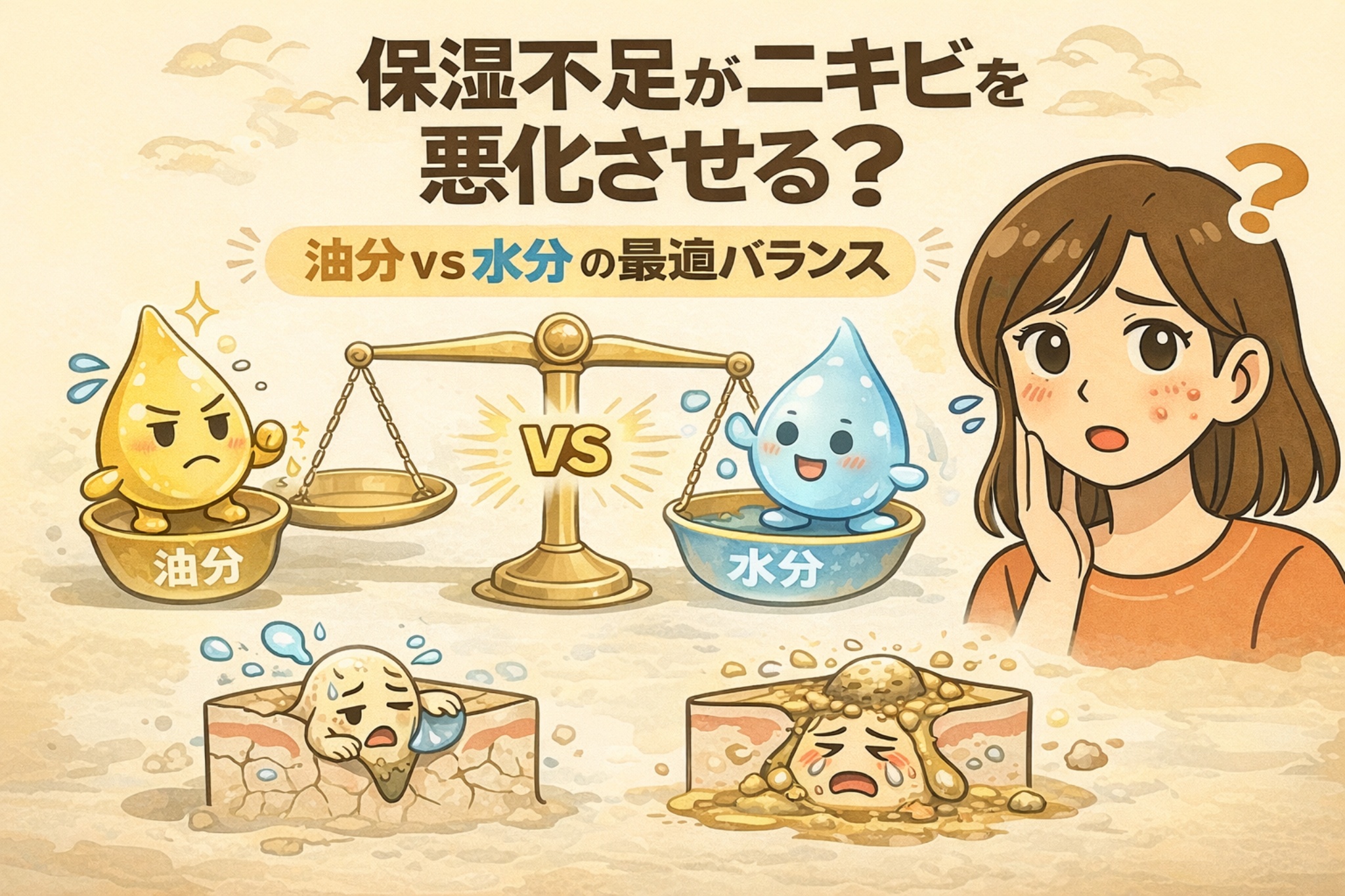 保湿不足がニキビを悪化させるかをテーマに、水分と油分のバランスを比較したイラスト。天秤の上で擬人化された油分と水分が対比され、水分不足による乾燥状態と油分過多による詰まり状態の毛穴断面図が描かれている。悩む女性の表情とともに、「油分 vs 水分の最適バランス」がニキビ悪化を左右する構造を分かりやすく解説している。