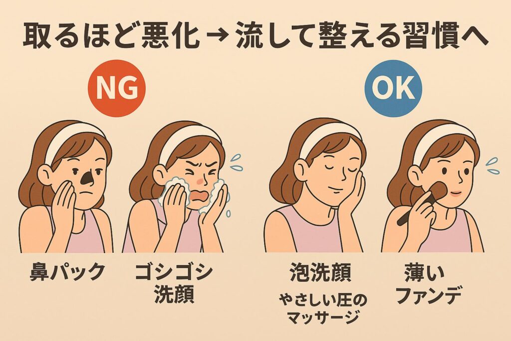 「取るほど悪化 → 流して整える習慣へ」と書かれた左右比較イラスト。左側（NG）：鼻パックをはがす女性、ゴシゴシ洗顔で顔が赤くなる女性。右側（OK）：泡洗顔でやさしい圧をかける女性、薄いファンデーションを塗っている女性。赤い「NG」と青い「OK」マークで区別されている。