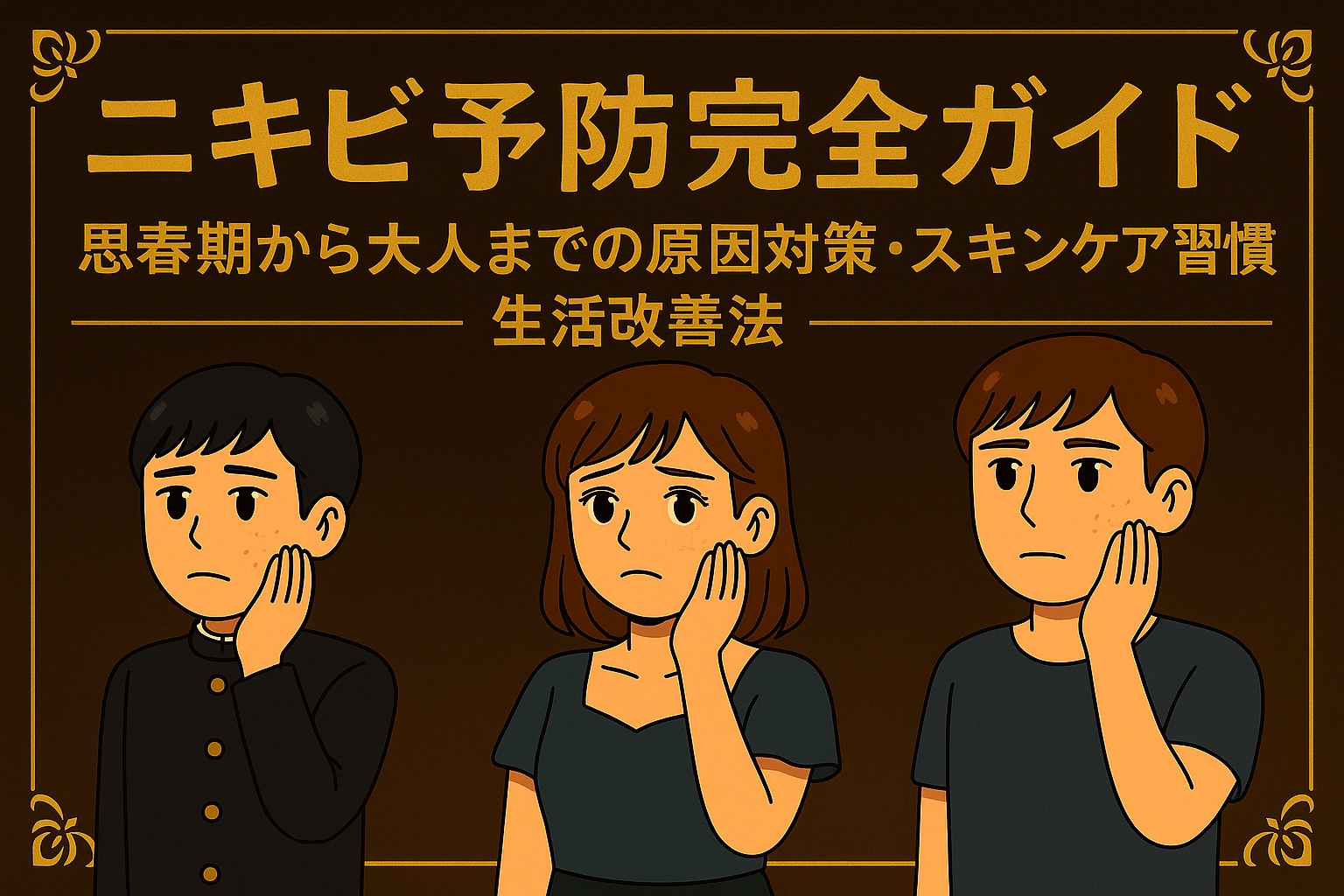 茶色と金色を基調とした豪華なデザイン背景に「ニキビ予防完全ガイド」と大きく書かれ、下部には「思春期から大人までの原因対策・スキンケア習慣・生活改善法」の文字。左から順に、黒い学ラン姿の高校生男子、緑色のワンピースを着た20代女性、グレーTシャツの30代男性が同じ大きさで並び、頬に手を当てて心配そうな表情をしている。