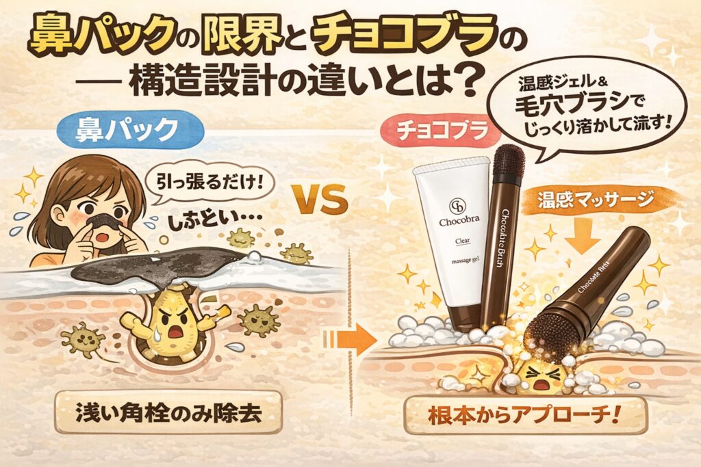 鼻パックとチョコブラの構造設計の違いを比較したイラスト。左側は鼻パックで角栓を引き剥がす様子を描き、浅い角栓のみ除去され肌に負担がかかることを表現。右側は温感ジェルと毛穴ブラシによるマッサージで、角栓をやさしく動かして流す構造的アプローチを示している。