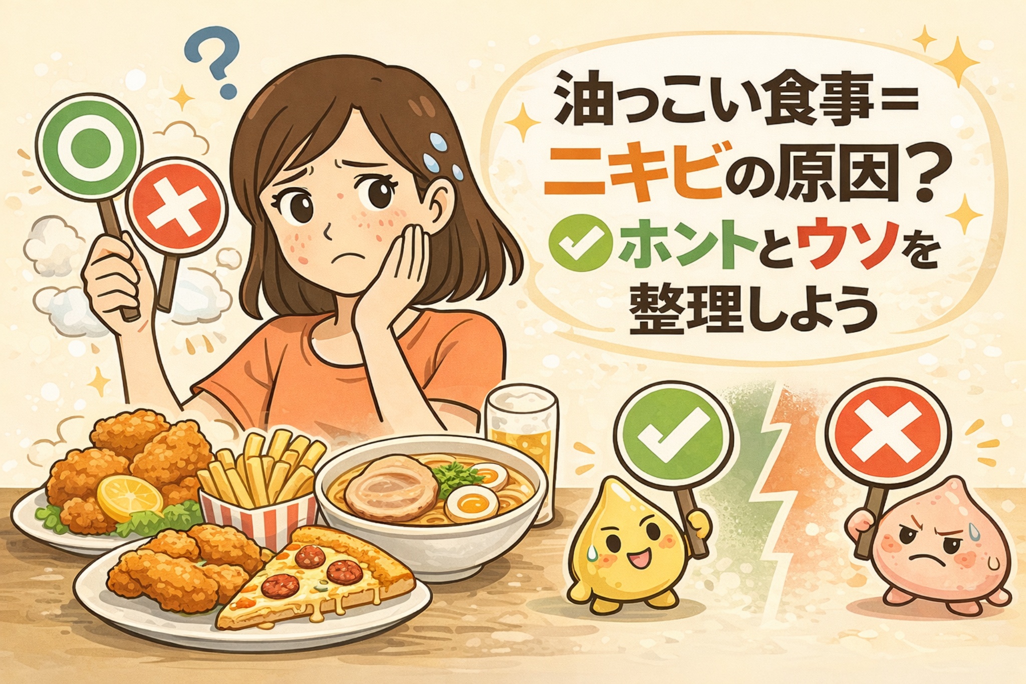油っこい食事がニキビの原因になるのかを、ホントとウソに分けて解説した図解イラスト。揚げ物やラーメンなどの食事を前に悩む女性と、皮脂やニキビを擬人化したキャラクターで、食事とニキビの関係を分かりやすく整理している。