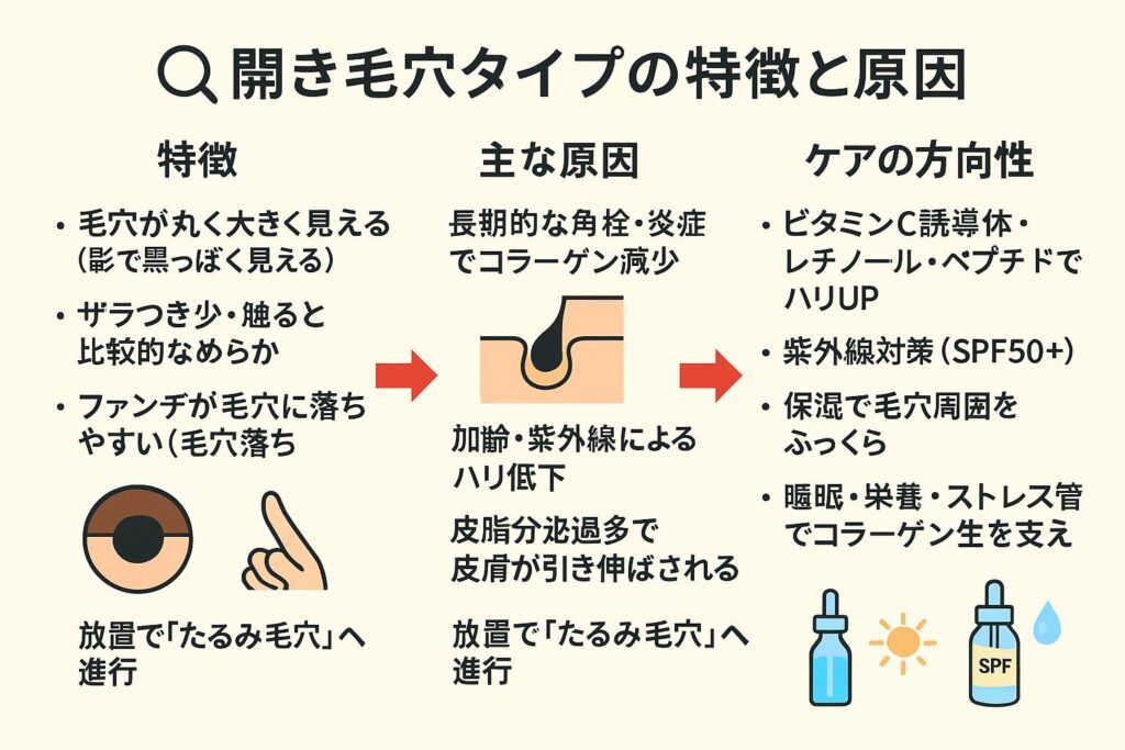 開き毛穴タイプの特徴と原因を示す日本語インフォグラフィック。左カラムに特徴（影で黒く見える丸い毛穴、ザラつき少、毛穴落ちなど）、中央に主な原因（長期的な角栓・炎症、加齢・紫外線、皮脂過多、放置でたるみ毛穴進行）、右カラムにケアの方向性（ビタミンC誘導体・レチノール・ペプチドでハリUP、紫外線対策、保湿、生活習慣改善）を配置。