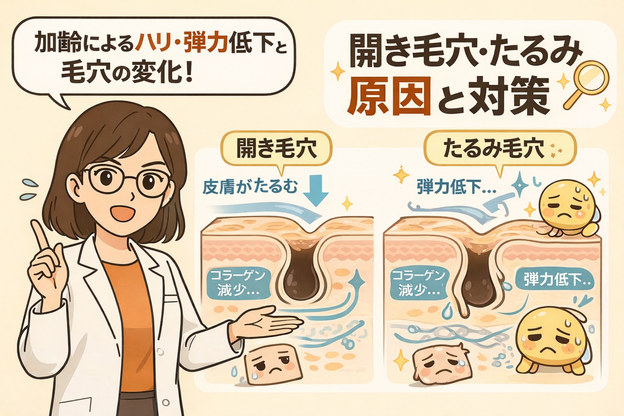 加齢によるハリ・弾力低下が毛穴に与える影響を解説したイラスト。白衣と眼鏡の女性キャラクターが説明し、コラーゲン減少によって皮膚がたるみ「開き毛穴」や「たるみ毛穴」が生じる仕組みを、毛穴断面図と矢印で比較して示している。開き毛穴・たるみ毛穴の原因と対策を理解できる淡いベージュ背景の図解アイキャッチ。