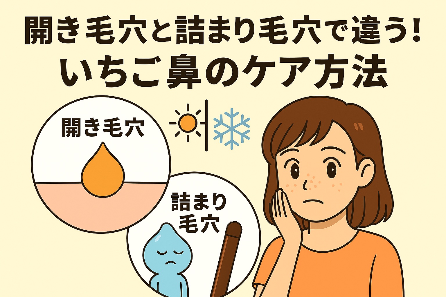 左に開き毛穴と詰まり毛穴の図解、中央に太陽と雪の結晶のアイコン、右に鼻の黒ずみを気にする女性が描かれている。テキストには「開き毛穴と詰まり毛穴で違う！いちご鼻のケア方法」と書かれている。