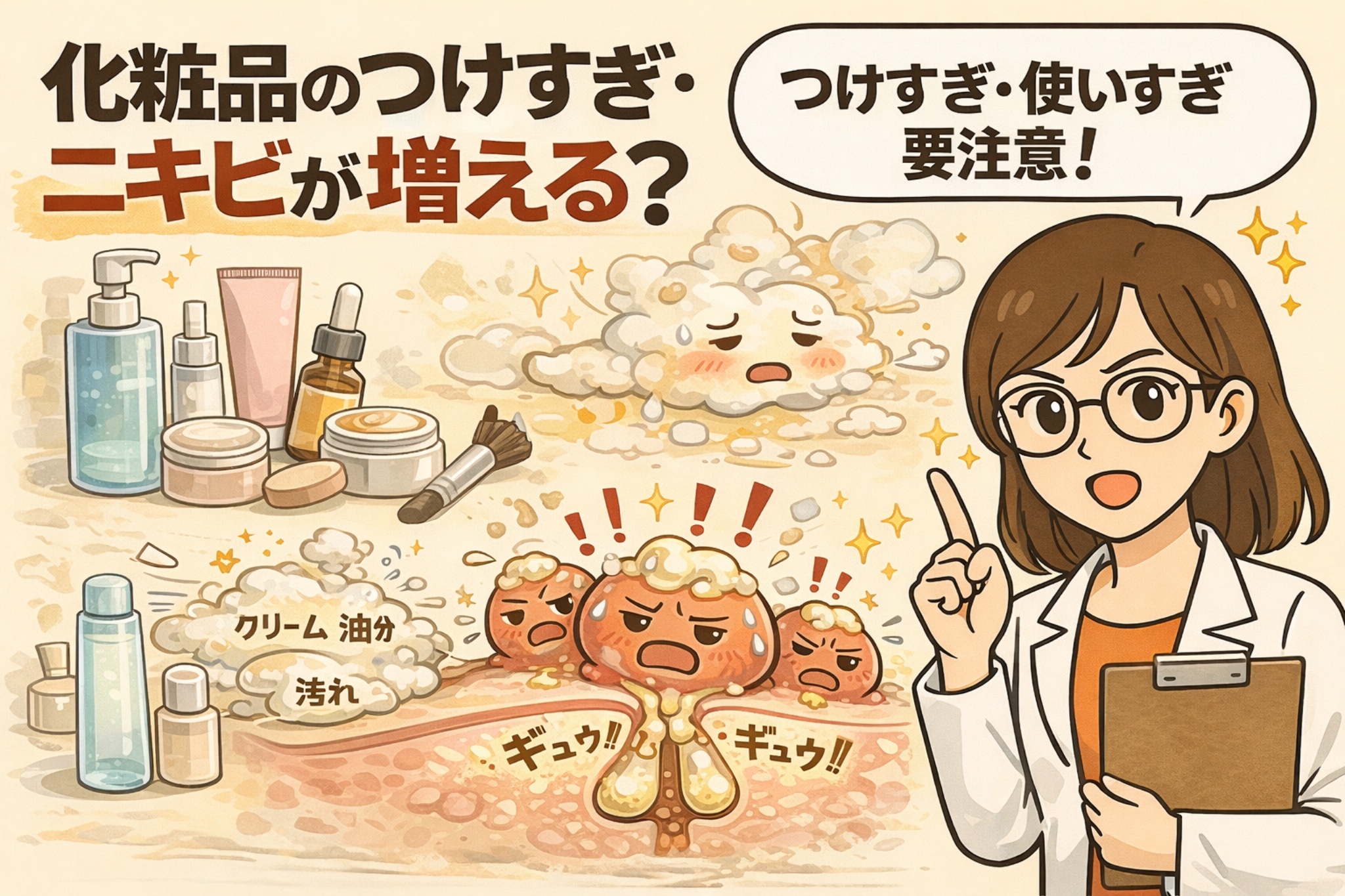化粧品のつけすぎ・使いすぎでニキビが増える仕組みを解説する図解イラスト。多数のスキンケアやメイク用品が肌に重なり、クリームや油分、汚れが毛穴をふさいでニキビが悪化する様子を毛穴断面図で表現している。右側には白衣と眼鏡の女性が注意喚起を行い、過剰な使用が肌トラブルの原因になることをわかりやすく伝えるビジュアル。