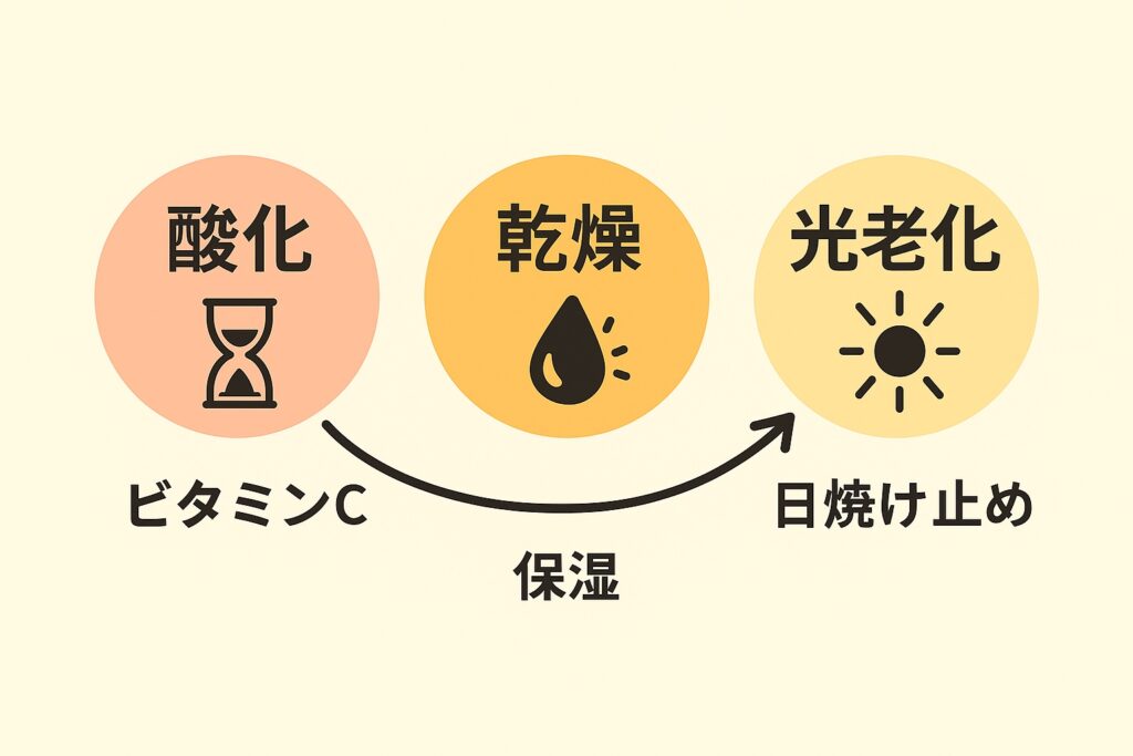 酸化（砂時計アイコン）・乾燥（水滴アイコン）・光老化（太陽アイコン）の3要因を横並びの円で表した図。それぞれの下に対策として「ビタミンC」「保湿」「日焼け止め」が記載され、乾燥から光老化へ矢印でつながっている。背景は淡いベージュ色。