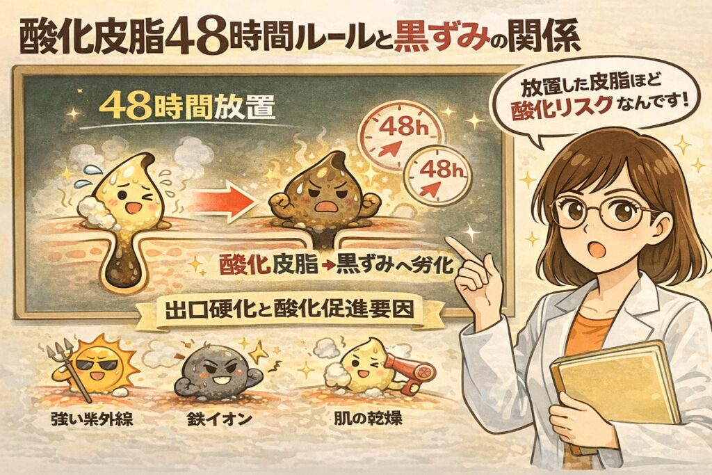 酸化皮脂の48時間ルールと黒ずみの関係を解説したイラスト。皮脂が48時間放置されることで酸化し、黒ずみへ変化する過程を毛穴断面図で示し、紫外線や鉄イオン、乾燥といった酸化促進要因も併せて視覚的に説明している。