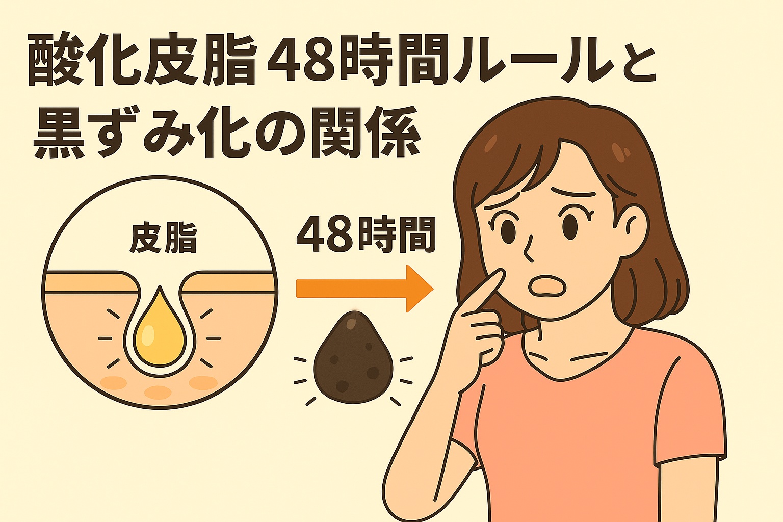 酸化皮脂48時間ルールと黒ずみ化の関係を説明するフラットイラスト。鼻を指差して悩む女性と、皮脂が48時間で酸化して黒ずみに変化する様子を示す毛穴断面図が描かれている。