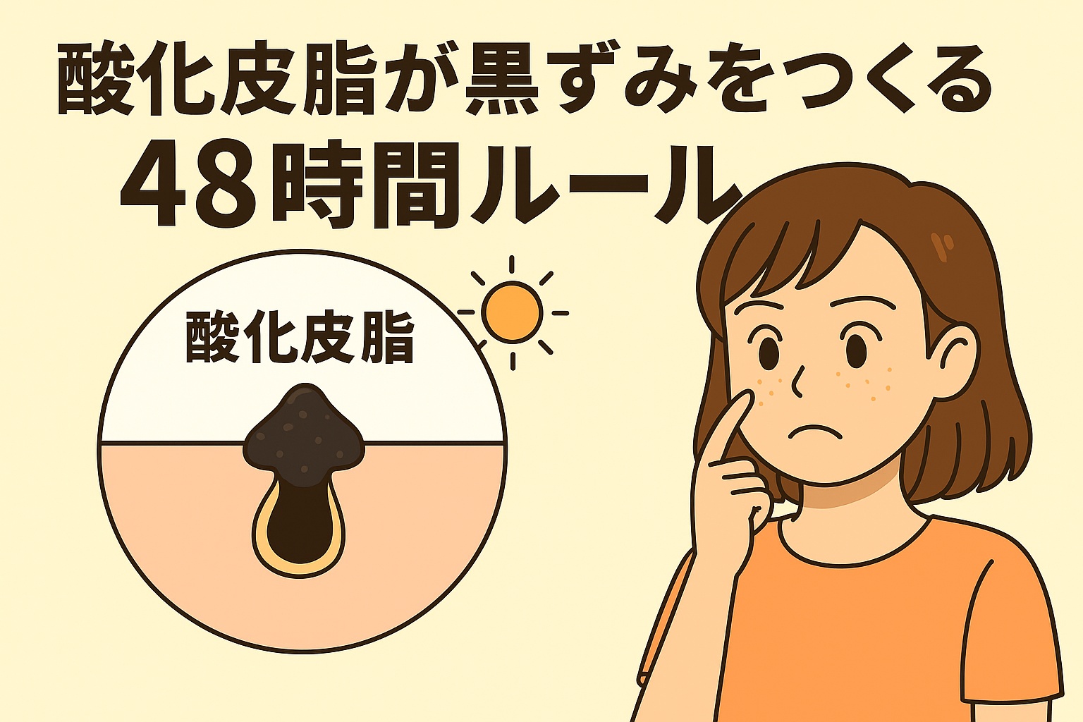 左側に酸化皮脂が詰まった毛穴の断面図と太陽のアイコン、右側に鼻の黒ずみを気にして頬に指を当てる女性が描かれている。上部には「酸化皮脂が黒ずみをつくる48時間ルール」という日本語テキスト。