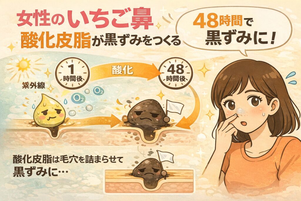 女性のいちご鼻にできる黒ずみの原因を解説する図解イラスト。皮脂が紫外線や酸素の影響で酸化し、48時間以内に黒ずみへ変化する過程を、時間経過とともにキャラクター化した皮脂で表現している。毛穴の中で酸化皮脂が詰まり、黒ずみになる仕組みを分かりやすく示した構造図。