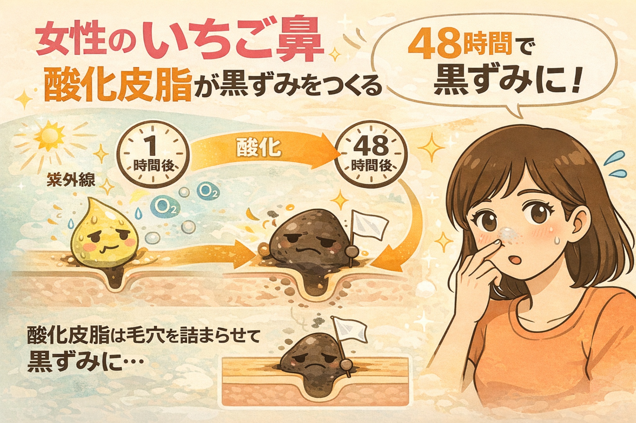 女性のいちご鼻にできる黒ずみの原因を解説する図解イラスト。皮脂が紫外線や酸素の影響で酸化し、48時間以内に黒ずみへ変化する過程を、時間経過とともにキャラクター化した皮脂で表現している。毛穴の中で酸化皮脂が詰まり、黒ずみになる仕組みを分かりやすく示した構造図。