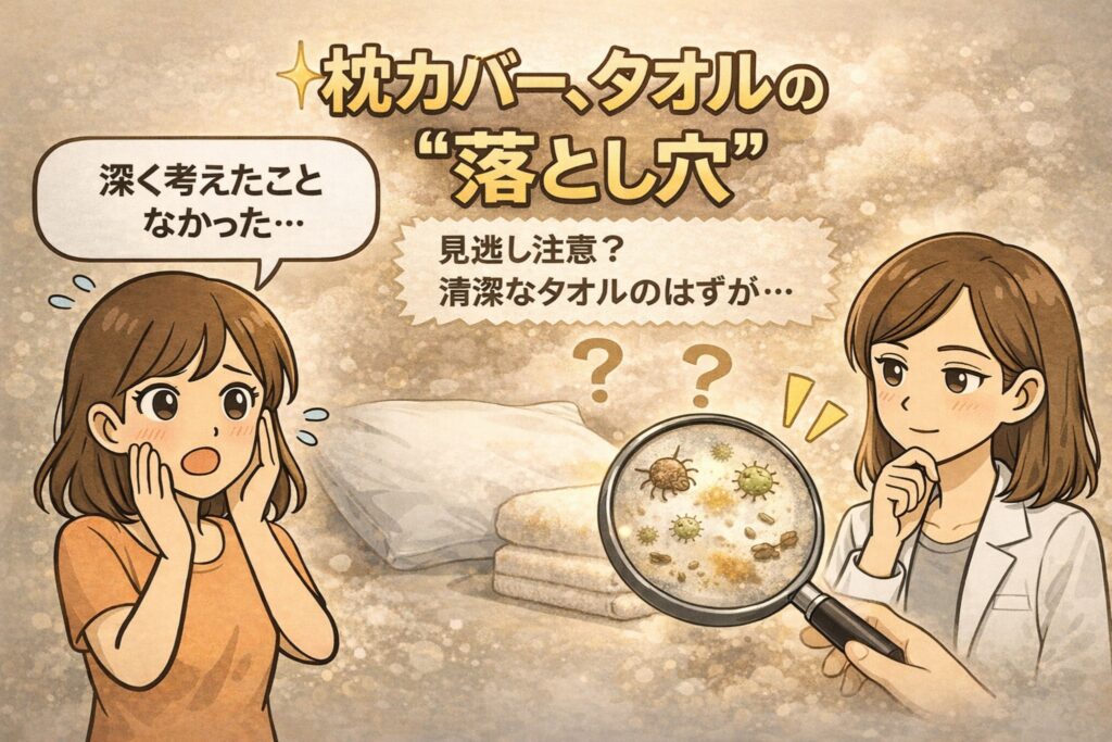 枕カバーやタオルの清潔さがニキビ予防に関係することを示したイラスト。汚れに気づかず使っていた女性が驚く様子と、白衣で眼鏡の女性が虫眼鏡で枕カバーやタオルの汚れを確認する構図。見た目は清潔でも皮脂や雑菌が残りやすく、ニキビの原因になり得ることを示唆している。