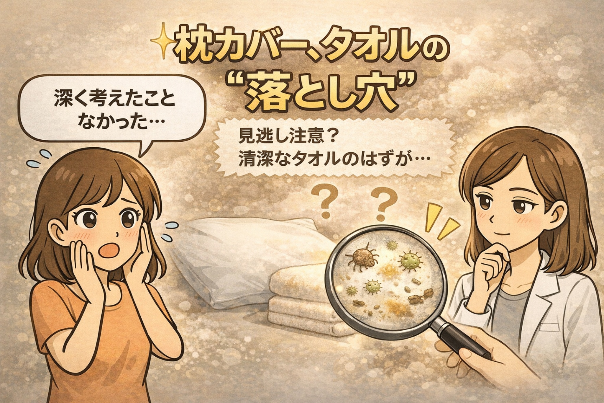 枕カバーやタオルの清潔さがニキビ予防に関係することを示したイラスト。汚れに気づかず使っていた女性が驚く様子と、白衣で眼鏡の女性が虫眼鏡で枕カバーやタオルの汚れを確認する構図。見た目は清潔でも皮脂や雑菌が残りやすく、ニキビの原因になり得ることを示唆している。