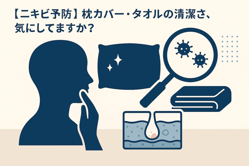 枕カバーやタオルの清潔さとニキビ予防の関係をテーマにした図解イラスト。左側に顔を触る人のシルエット、右上に枕・タオル・虫眼鏡で拡大された菌のアイコンが描かれ、下には毛穴断面図が配置されている。テキストには「【ニキビ予防】枕カバー・タオルの清潔さ、気にしてますか?」と書かれている。