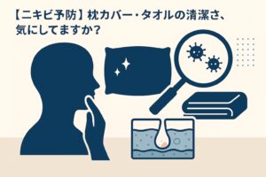 枕カバーやタオルの清潔さとニキビ予防の関係をテーマにした図解イラスト。左側に顔を触る人のシルエット、右上に枕・タオル・虫眼鏡で拡大された菌のアイコンが描かれ、下には毛穴断面図が配置されている。テキストには「【ニキビ予防】枕カバー・タオルの清潔さ、気にしてますか?」と書かれている。