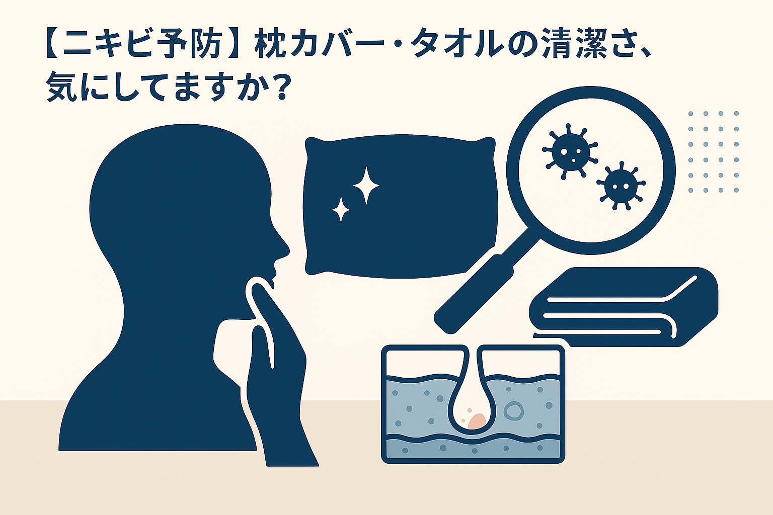 枕カバーやタオルの清潔さとニキビ予防の関係をテーマにした図解イラスト。左側に顔を触る人のシルエット、右上に枕・タオル・虫眼鏡で拡大された菌のアイコンが描かれ、下には毛穴断面図が配置されている。テキストには「【ニキビ予防】枕カバー・タオルの清潔さ、気にしてますか?」と書かれている。