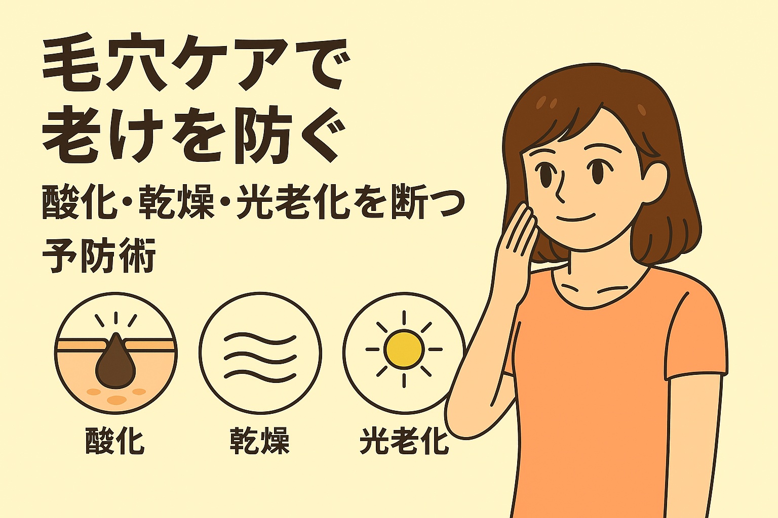 毛穴ケアで老けを防ぐ方法を説明するフラットイラスト。頬に手を当てる女性と、「酸化」「乾燥」「光老化」を表す3つのアイコンが並び、酸化・乾燥・光老化を断つ予防術の重要性を示している。