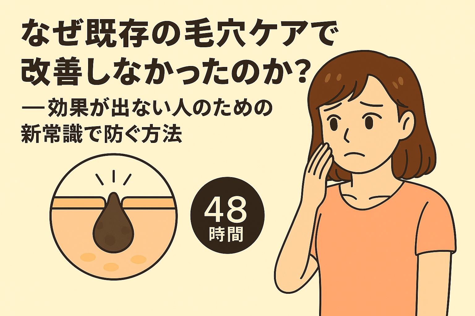 なぜ既存の毛穴ケアで改善しなかったのかを説明するフラットイラスト。頬に手を当てて悩む女性と、黒ずんだ毛穴断面図、48時間ルールを示すアイコンが描かれ、効果が出ない人のための新常識を示している。