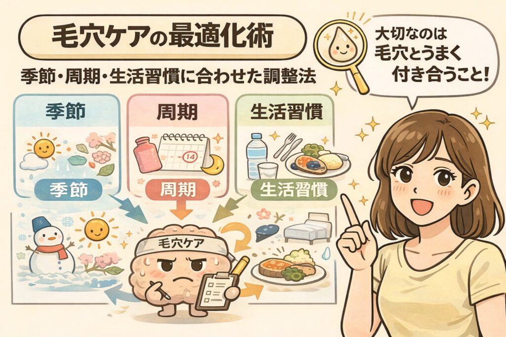 毛穴ケアを最適化する考え方を示した図解イラスト。季節・肌の周期・生活習慣に合わせて毛穴ケアを調整する重要性と、毛穴と上手く付き合うという発想を、チェックリストと女性の解説で表現している。