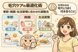 毛穴ケアを最適化する考え方を示した図解イラスト。季節・肌の周期・生活習慣に合わせて毛穴ケアを調整する重要性と、毛穴と上手く付き合うという発想を、チェックリストと女性の解説で表現している。