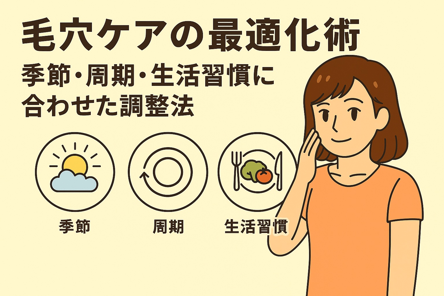 毛穴ケアの最適化術を説明するフラットイラスト。頬に手を当てる女性と、「季節」「周期」「生活習慣」を表す3つのアイコンが並び、それぞれに合わせたケア調整法を示している。