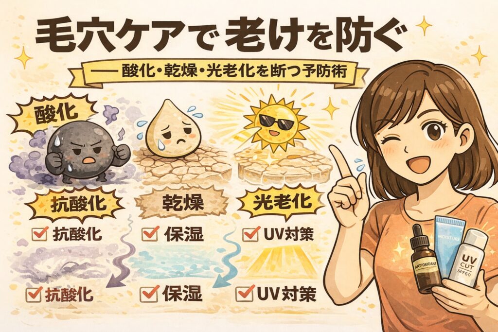 毛穴ケアによって老化を防ぐ考え方を、酸化・乾燥・光老化の3要因から解説した図解イラスト。抗酸化、保湿、UV対策による予防ケアの重要性を、毛穴断面と成分アイコン、人物イラストでわかりやすく示している。