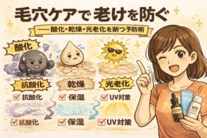 毛穴ケアによって老化を防ぐ考え方を、酸化・乾燥・光老化の3要因から解説した図解イラスト。抗酸化、保湿、UV対策による予防ケアの重要性を、毛穴断面と成分アイコン、人物イラストでわかりやすく示している。
