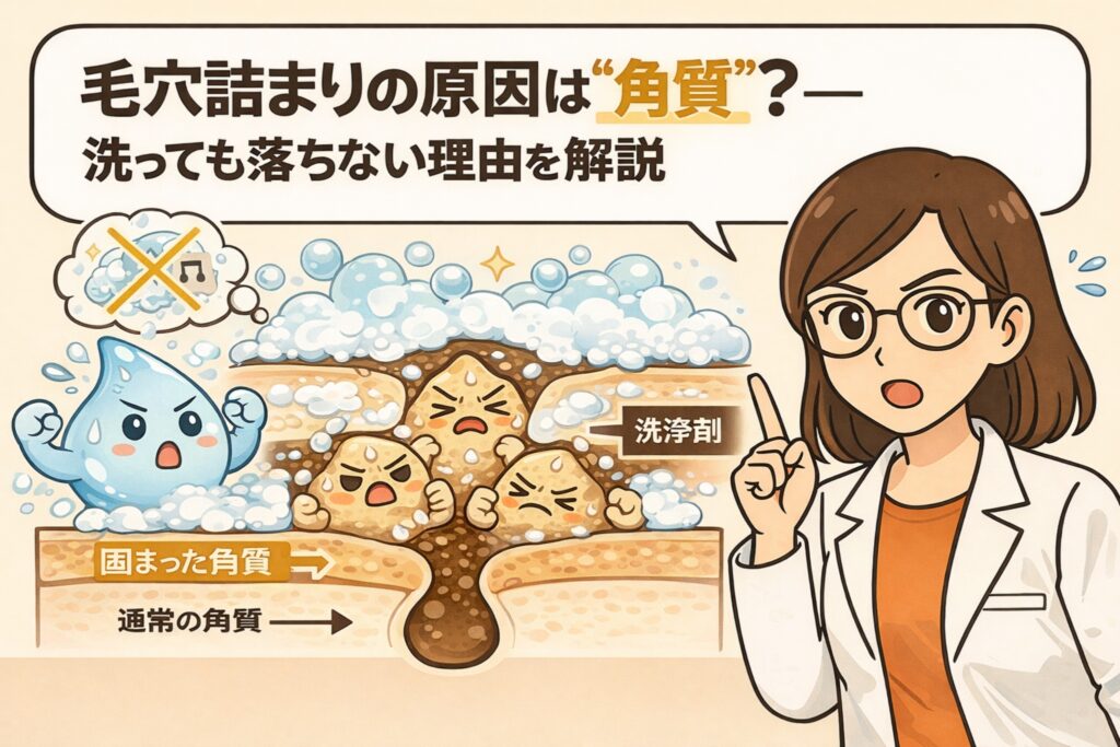 毛穴詰まりの原因が汚れではなく固まった角質であることを解説する図解イラスト。泡立つ洗浄成分が毛穴表面を洗っても、内部では固くなった角質が詰まって残っている様子を断面図で表現。左側には洗浄成分の擬人化キャラクター、右側には白衣と眼鏡の女性研究者が指差しで「洗っても落ちない理由」を説明している。