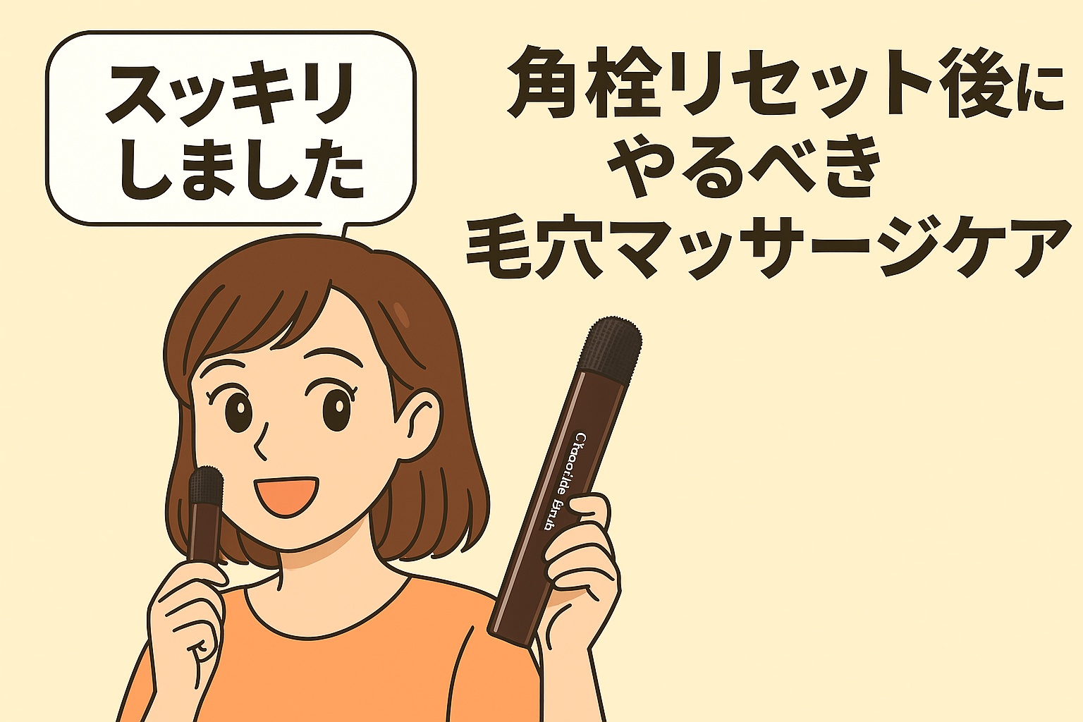 女性が笑顔でChocobraのマッサージブラシを頬に当てているイラスト。吹き出しには「スッキリしました」と書かれ、右側には「角栓リセット後にやるべき毛穴マッサージケア」という日本語テキストが配置されている。