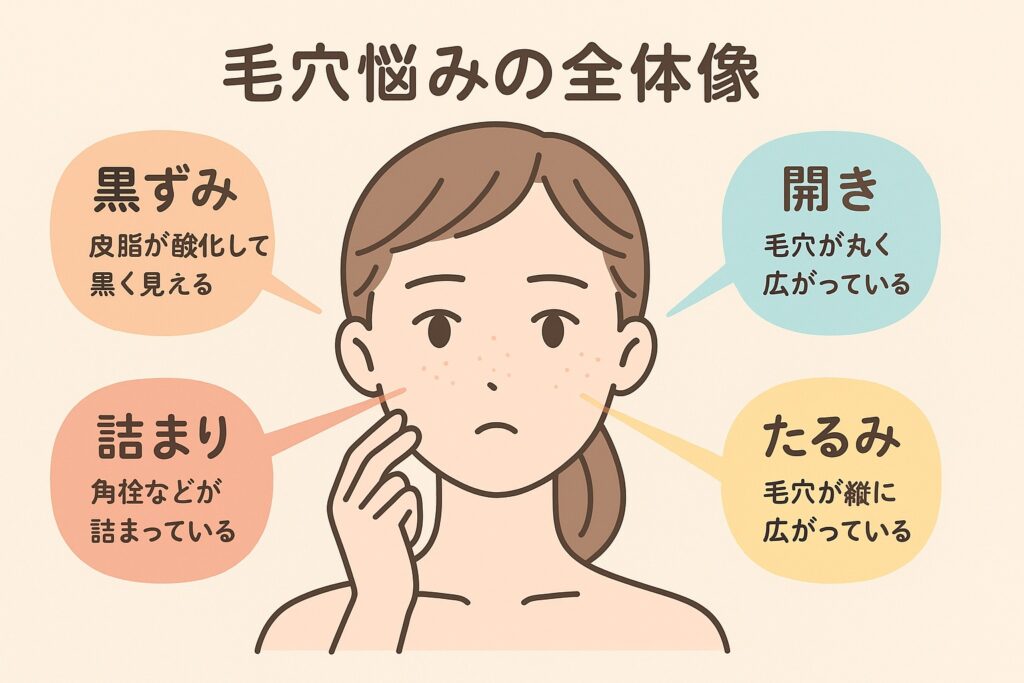 毛穴悩みの全体像を示すイラスト。女性の顔の周囲に「黒ずみ(皮脂が酸化して黒く見える)」「開き(毛穴が丸く広がっている)」「詰まり(角栓などが詰まっている)」「たるみ(毛穴が縦に広がっている)」の4種類を吹き出し付きで表示。