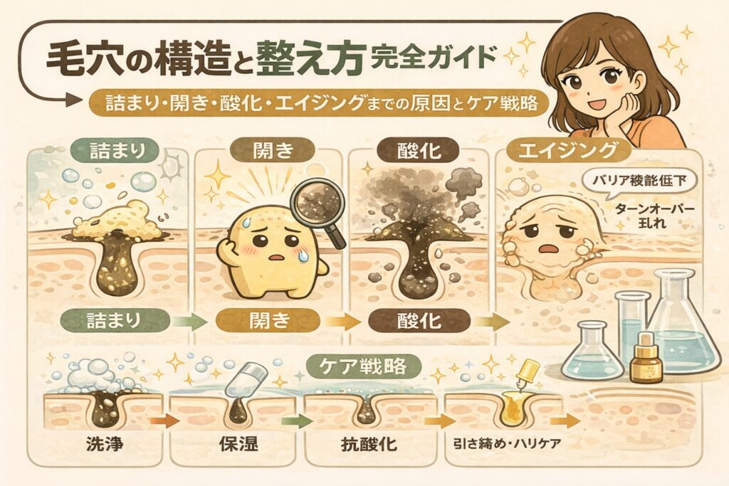 毛穴の構造とトラブルの進行を図解したイラスト。詰まり・開き・酸化・エイジングの各段階を断面図で示し、それぞれに対応する洗浄・保湿・抗酸化・引き締めケアの基本戦略をわかりやすく解説している。