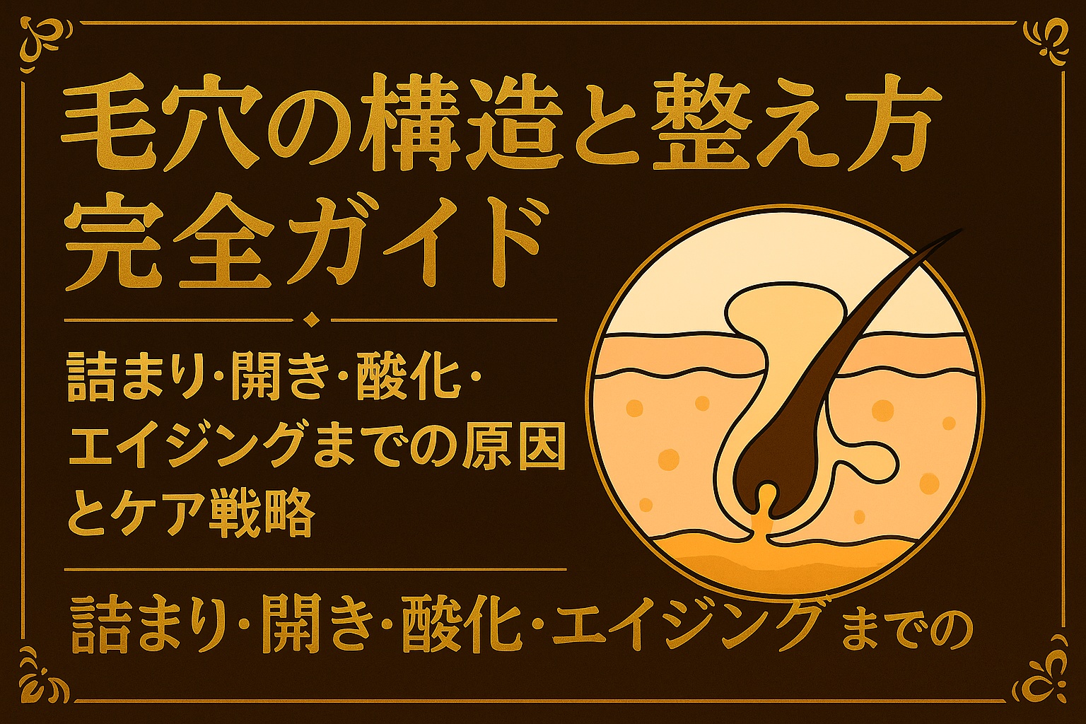 「毛穴の構造と整え方完全ガイド」と大きく書かれた豪華で重厚感のあるデザインのポスター。背景は濃いブラウンに金色の文字と装飾が施されている。右側には毛穴の断面図が描かれ、皮膚の層と毛、角栓の様子が表現されている。テキストには「詰まり・開き・酸化・エイジングまでの原因とケア戦略」と記載。