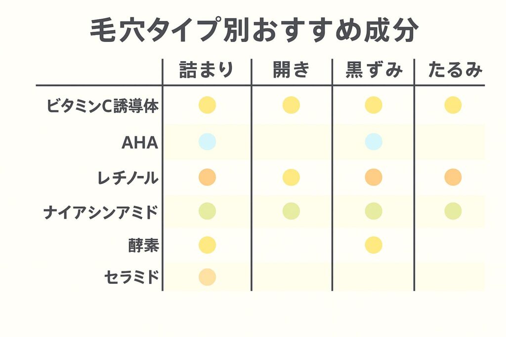 「毛穴タイプ別おすすめ成分」と題された日本語の表。行には「ビタミンC誘導体」「AHA」「レチノール」「ナイアシンアミド」「酵素」「セラミド」があり、列には「詰まり」「開き」「黒ずみ」「たるみ」が並ぶ。各セルには該当する成分の効果を示す色付きの丸(黄色、水色、オレンジ色、黄緑色)が配置されている。