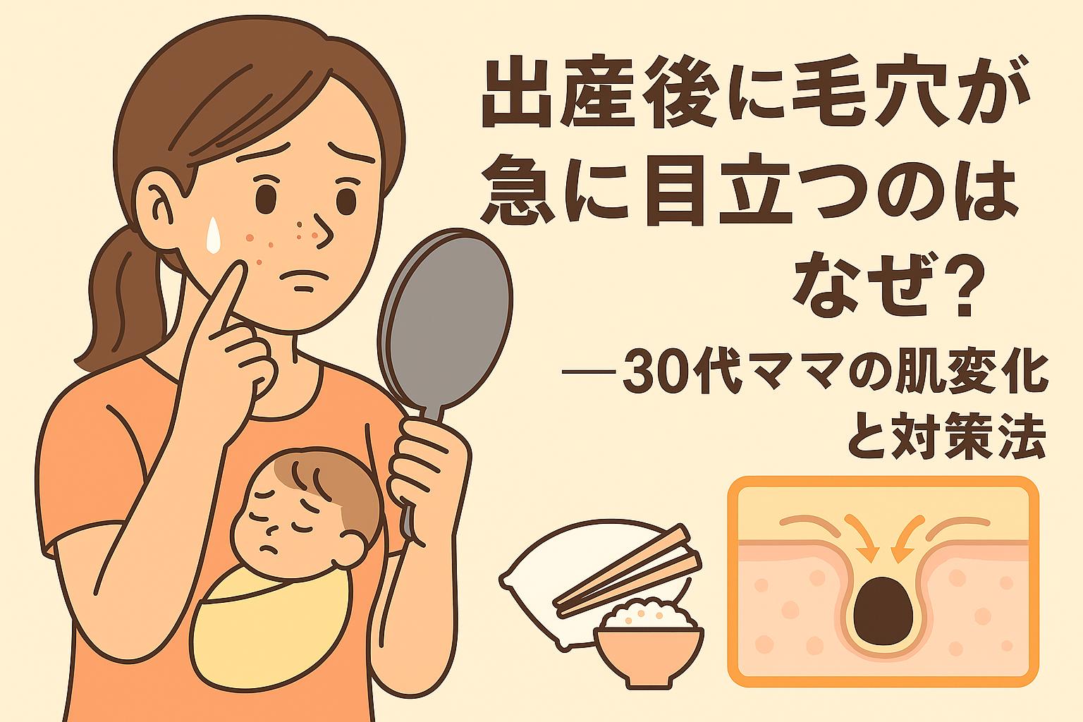 赤ちゃんを抱いた30代ママが鏡を持ちながら頬の毛穴を気にしているイラスト。右側には「出産後に毛穴が急に目立つのはなぜ？──30代ママの肌変化と対策法」という文字と、弾力低下で毛穴が広がる様子を示す断面図が描かれている。