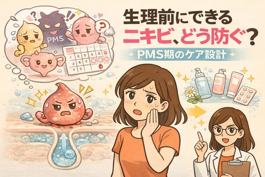 生理前にできるニキビの原因と予防法を解説した図解イラスト。PMS期のホルモン変動による皮脂増加や炎症リスクを示し、刺激を抑えたスキンケアや生活調整によってニキビを防ぐ“PMS期のケア設計”を分かりやすく表現している。