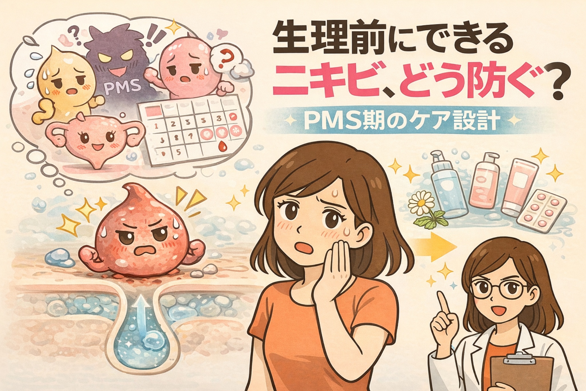 生理前にできるニキビの原因と予防法を解説した図解イラスト。PMS期のホルモン変動による皮脂増加や炎症リスクを示し、刺激を抑えたスキンケアや生活調整によってニキビを防ぐ“PMS期のケア設計”を分かりやすく表現している。