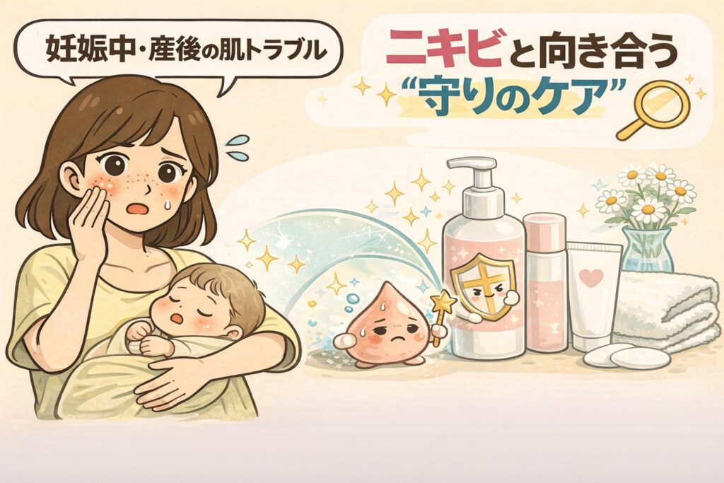 妊娠中・産後の肌トラブルとしてニキビに悩む女性を描いたイラスト。赤ちゃんを抱く母親が頬の赤みを気にしており、刺激を避けた“守りのケア”でニキビと向き合う大切さを、スキンケアアイテムやバリアを象徴する表現とともにわかりやすく示している美容解説画像。