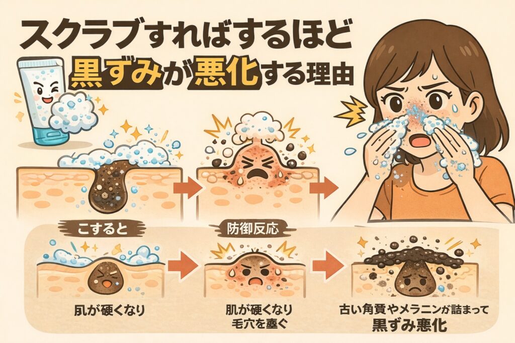 スクラブ洗顔を繰り返すことで黒ずみが悪化する仕組みを解説した図解イラスト。こすりすぎによる刺激で肌が防御反応を起こし、角質が厚くなって毛穴が詰まり、古い角質やメラニンが溜まることで黒ずみが進行する流れを示している。