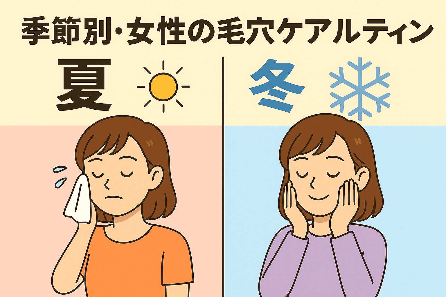 夏と冬の毛穴ケアルーティンの違いを描いたイラスト。左側は汗を拭く夏の女性と太陽のアイコン、右側は頬に手を当てる冬の女性と雪の結晶アイコンが描かれている。