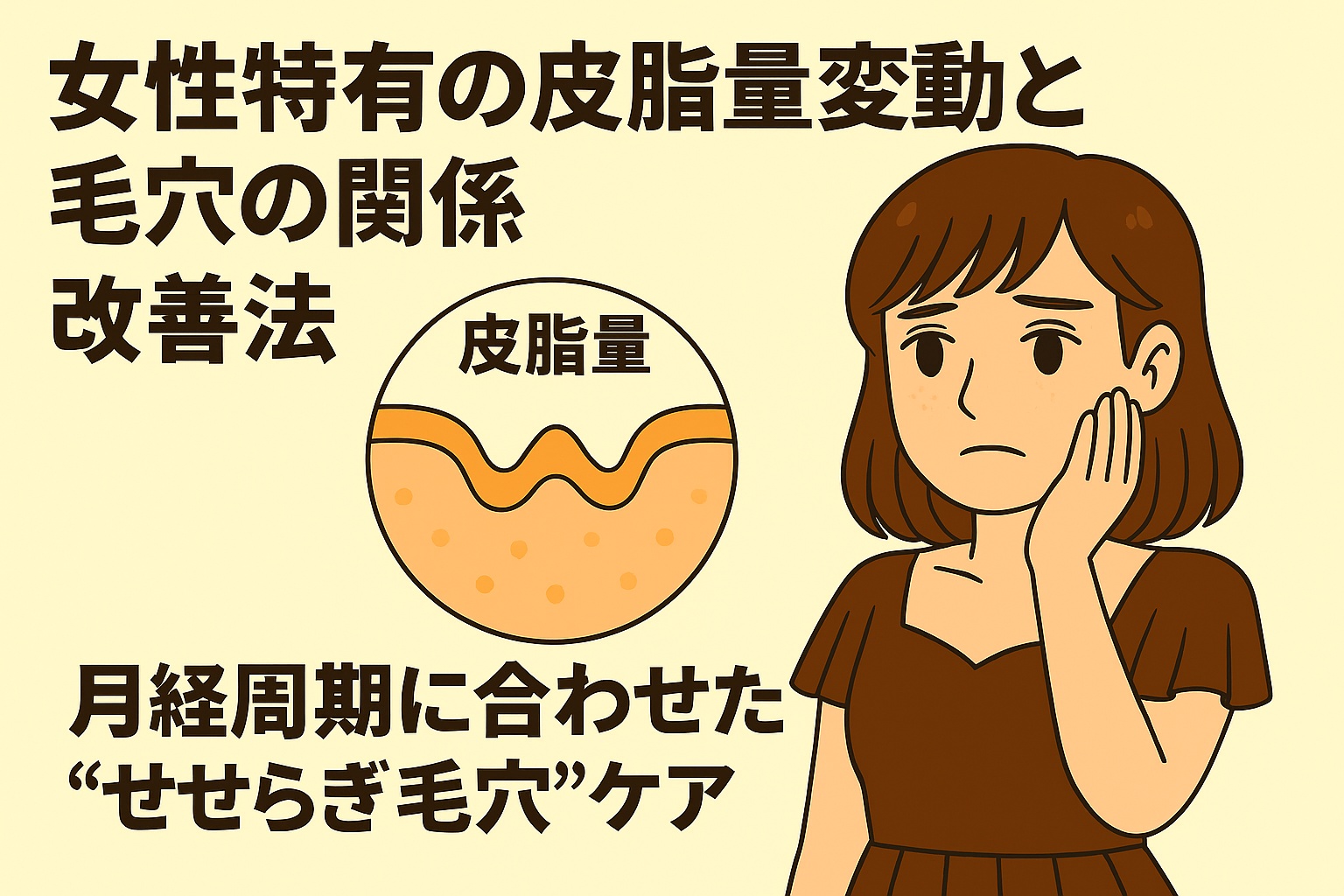 女性の皮脂量変動と毛穴の関係を解説するイラスト。左側に皮脂量の変化を示す断面図、右側に頬に手を当てて悩んでいる女性。テキストには「女性特有の皮脂量変動と毛穴の関係 改善法 月経周期に合わせた“せせらぎ毛穴”ケア」と書かれている。