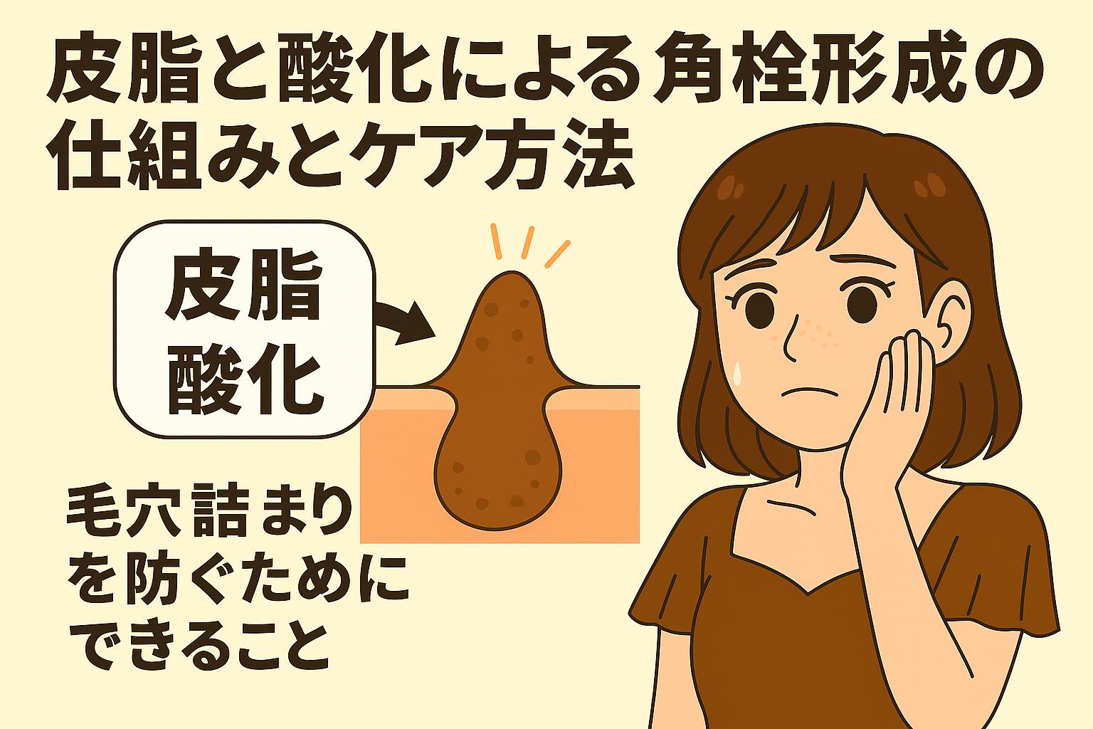 「皮脂と酸化による角栓形成の仕組みとケア方法」を解説する日本語イラスト。左には「皮脂酸化」と書かれた吹き出しと茶色い角栓の断面図、右には頬に手を当て不安そうな表情の女性が描かれている。毛穴詰まりを防ぐためのスキンケアテーマを表現。